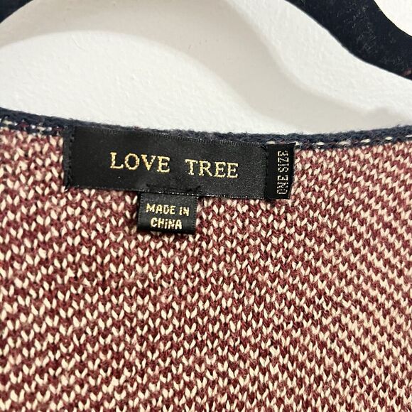 Love Tree Aztec Native Geometric Print Open Cardigan Burgundy Fringe One Size - Picture 3 of 4